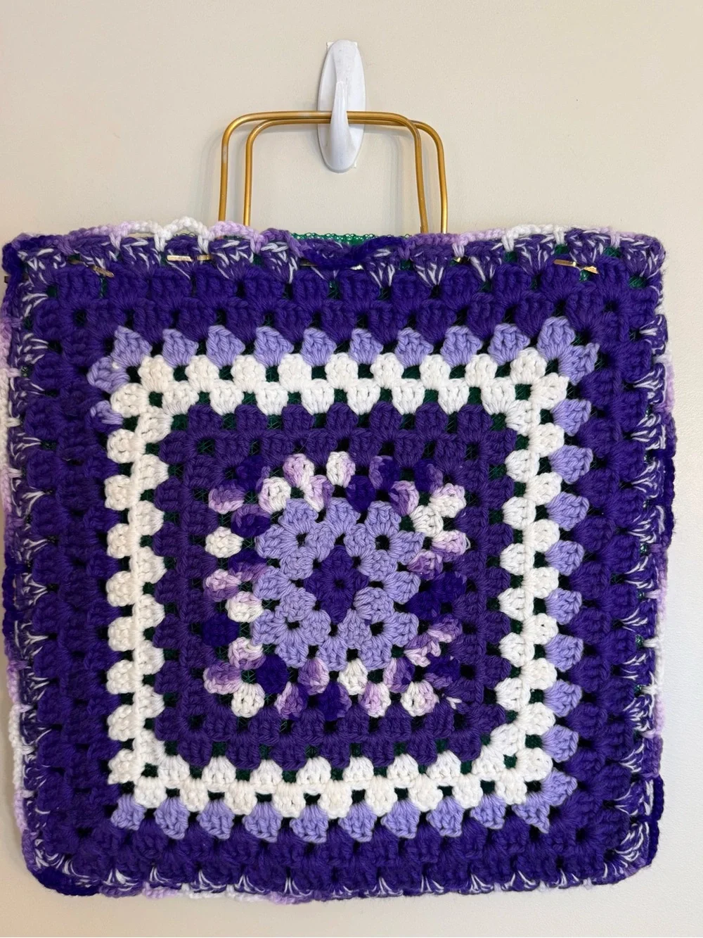Crocheted Granny Square Handbag - Purple & White 16x16